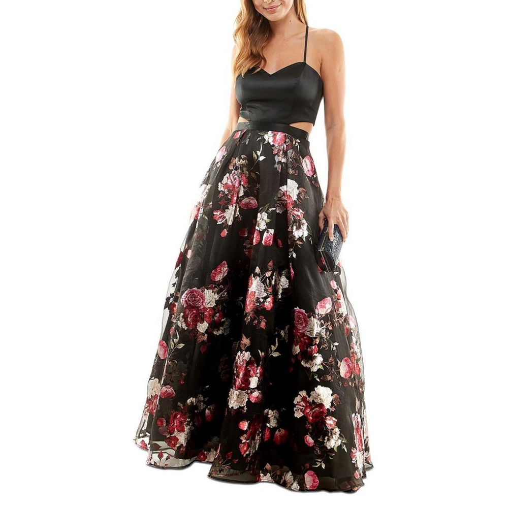 Crystal Doll Black Floral Open Back Evening Gown Prom Dress Size 9